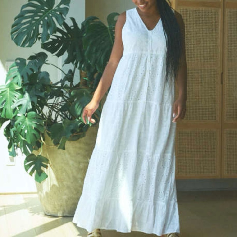 The Odells Jess Dress White Cotton Eyelet Button Down Sleeveless Lined Maxi